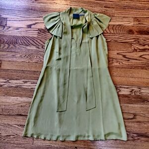 Anthropologie Pure Silk Green Dress With Ruffled Collar